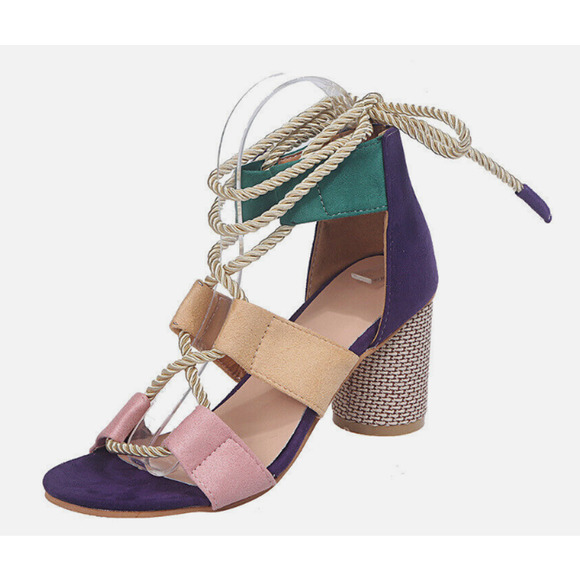Women's Boho Chunky Mid-Heel Colorful Sandals Lace-Up Ankle Strap Heels, Size 10 - Picture 1 of 4